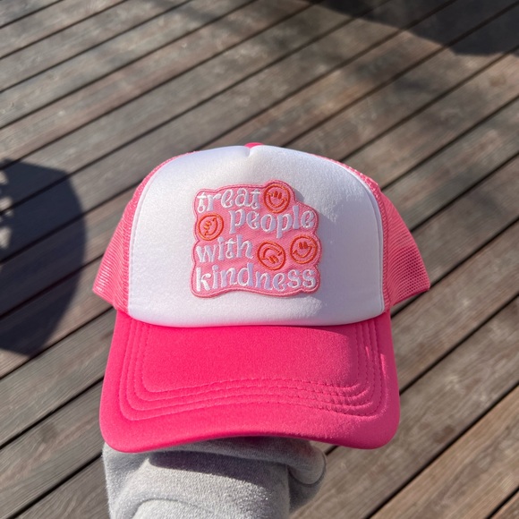 Handmade Accessories - Pink and White Trucker Hat with Treat People with Kindness Patch